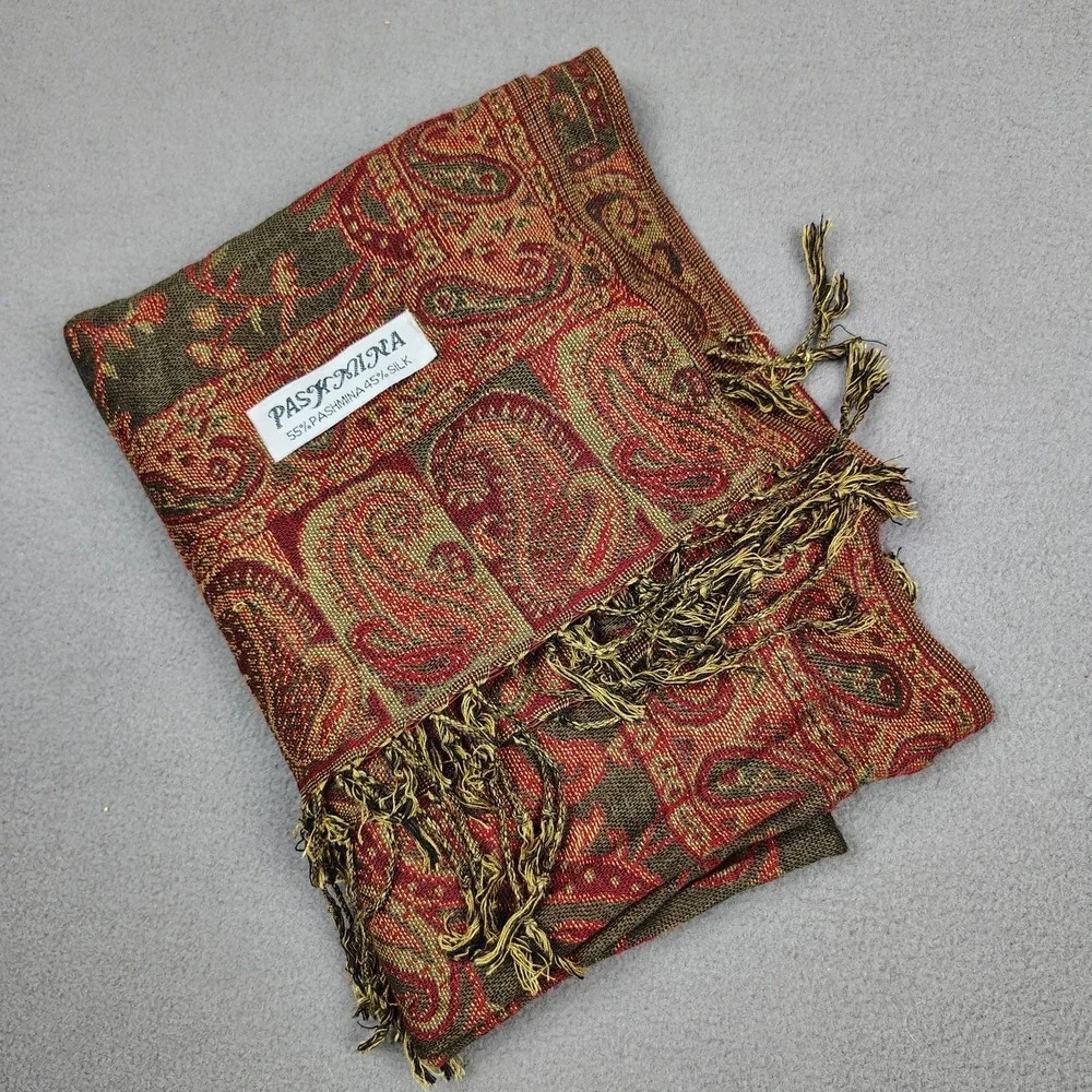 Cashmere Silk Scarf Shawl Paisley Sage Red Fall Vibes Fringe XL 27x72 Pashmina